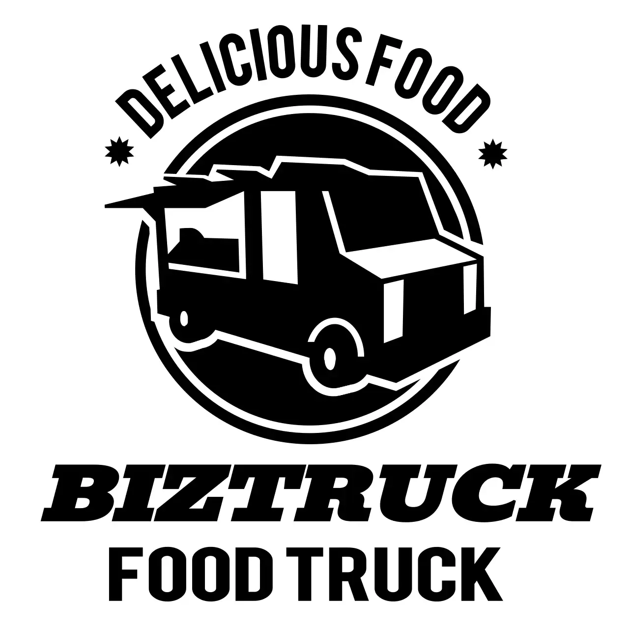 검정색의 단순한 트럭 일러스트 로고가 있는 푸드트럭 컨셉