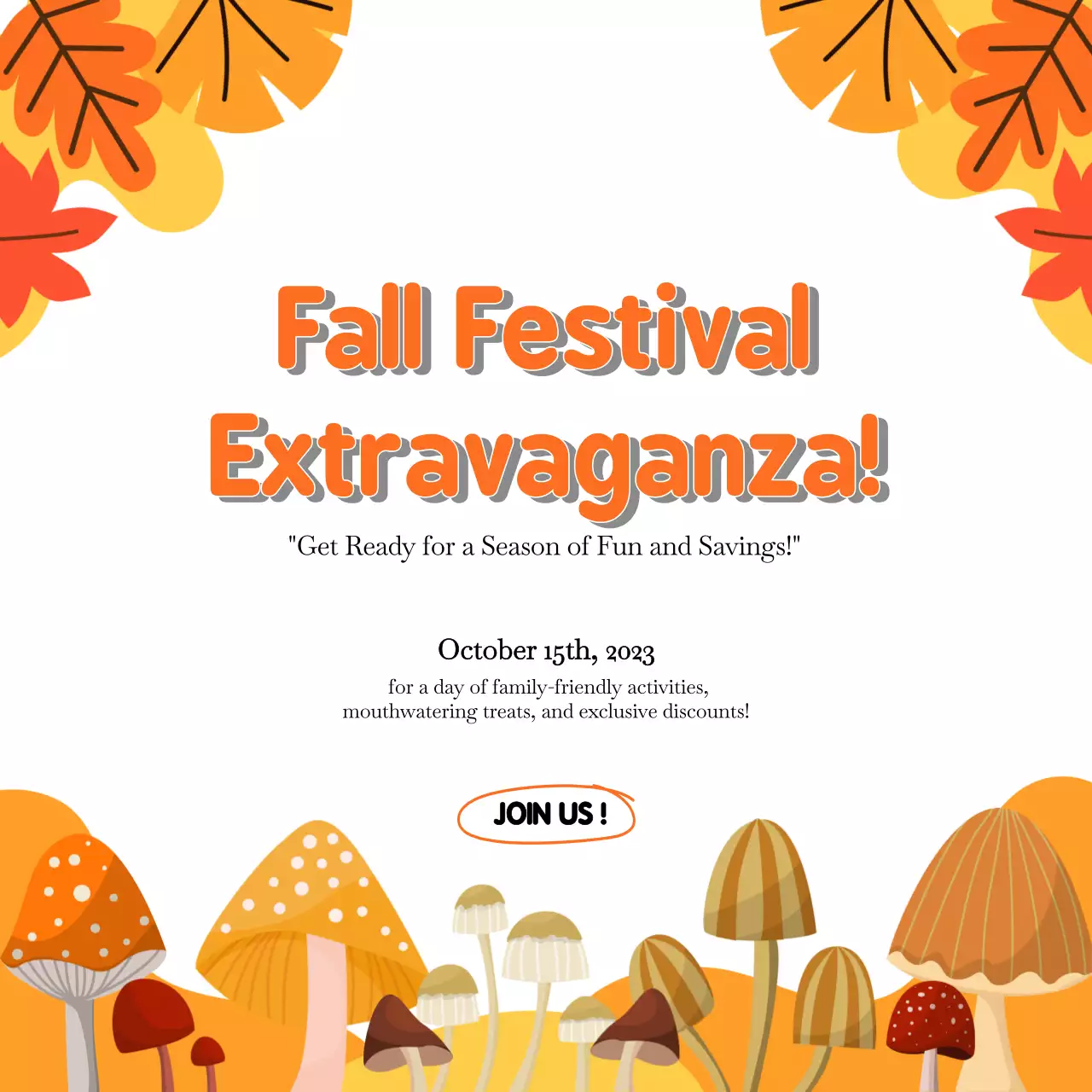 애니메이션으로 소셜 미디어 홍보를 위한 버섯과 단풍이 있는 가을 축제 초대 이벤트