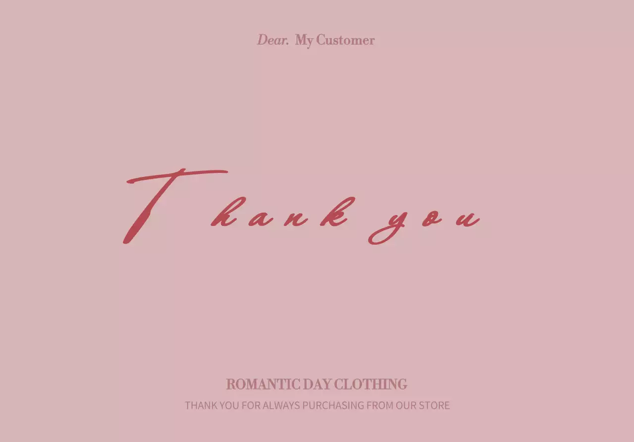 분홍색의 흘려쓴 필기체가 포인트인 쇼핑몰의 고객 감사 카드 디자