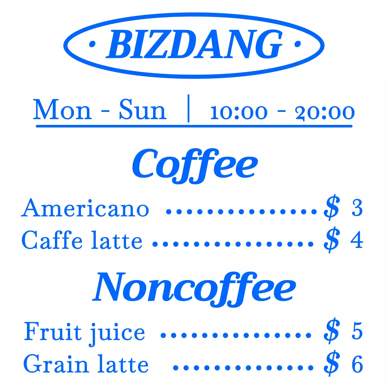 파란색과 하얀색의 심플하고 깔끔한 텍스트 정렬 레이아웃 스타일 카페 메뉴판 안내 및 홍보용 