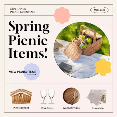 A collection of spring picnic sets with pastel, frame-accented colors