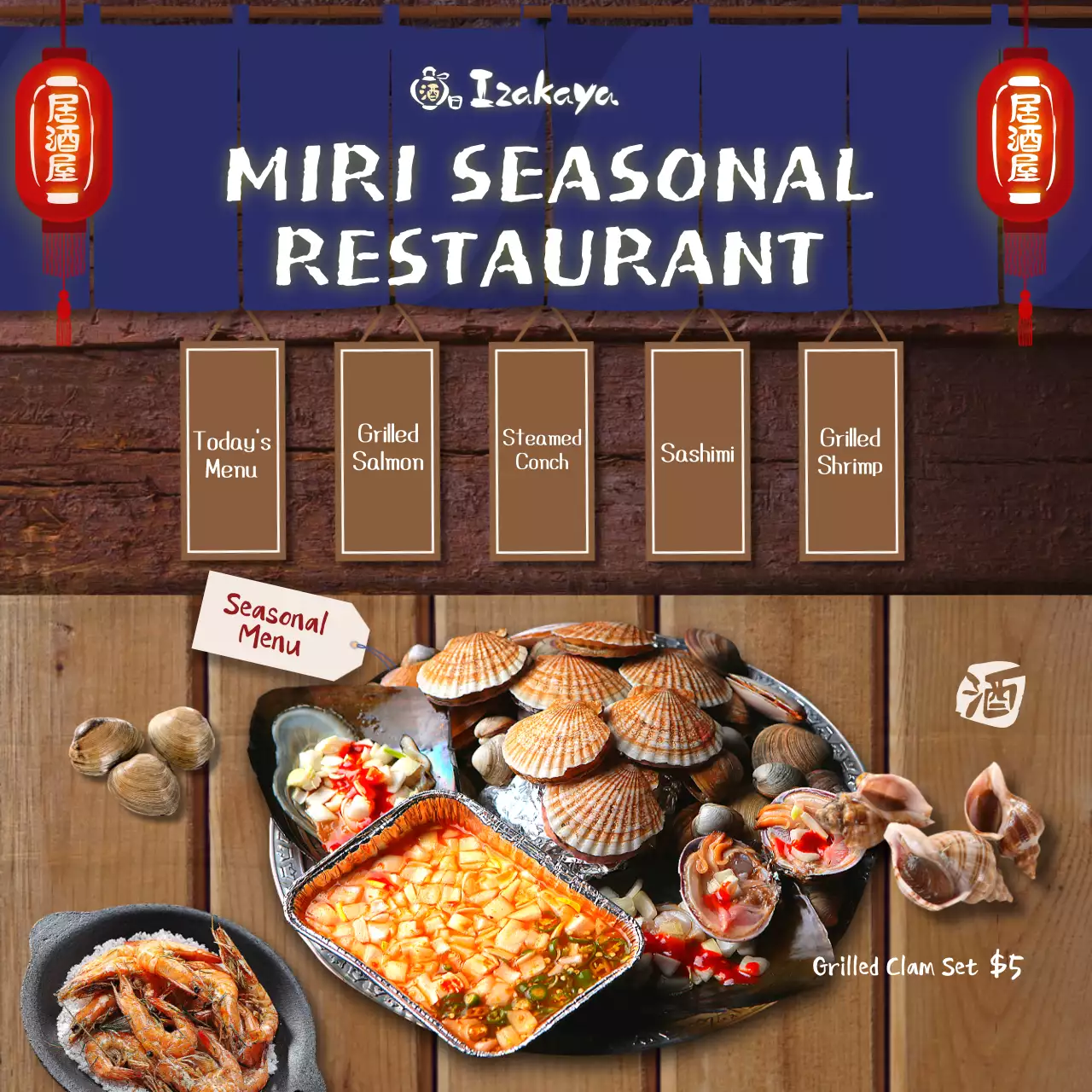 Blue Traditional Seafood Menu Social Media Post