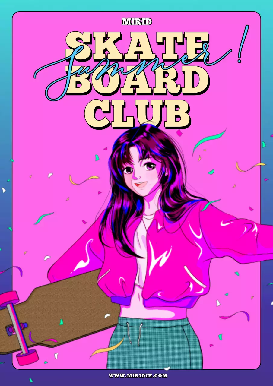 하늘색 알록달록한 시티팝 보드타는여자 일러스트