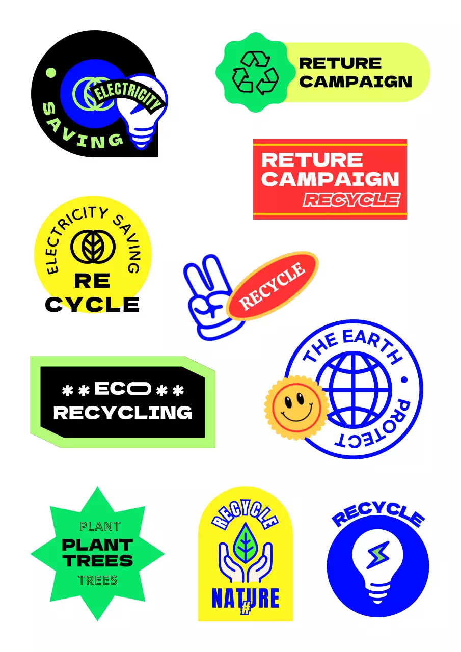 컬러풀한 색감의 텍스트와 일러스트 도형으로 이루어진 레트로한 느낌의 환경 캠페인 홍보 스티커