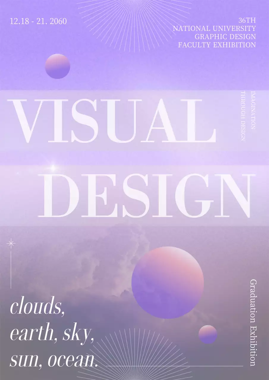 Graduation exhibition flyer with purple circular graphic and cloud photo