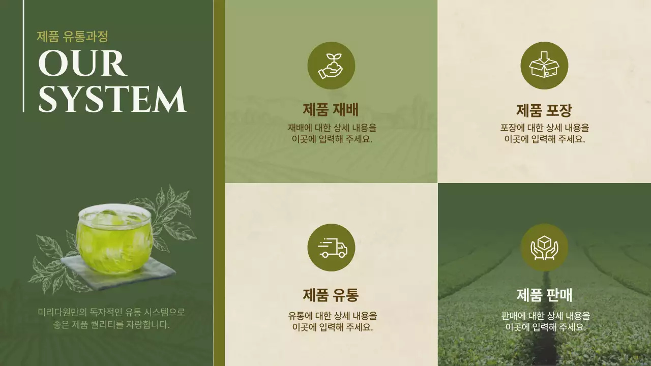 초록색의 심플한 자연 일러스트 테마의 전통차 회사소개서