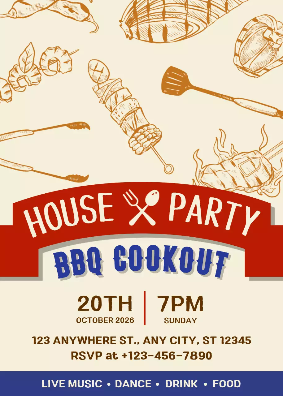 Undangan Pesta Rumah Barbekyu Retro Warna Krem