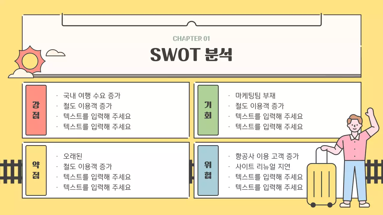 노란색 초록색의 감성적인 일러스트 컨셉의 철도 여행 홍보 전략 