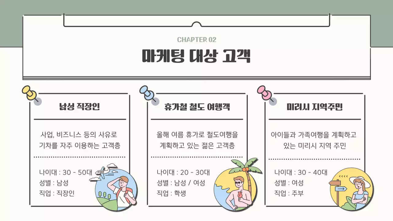 노란색 초록색의 감성적인 일러스트 컨셉의 철도 여행 홍보 전략 