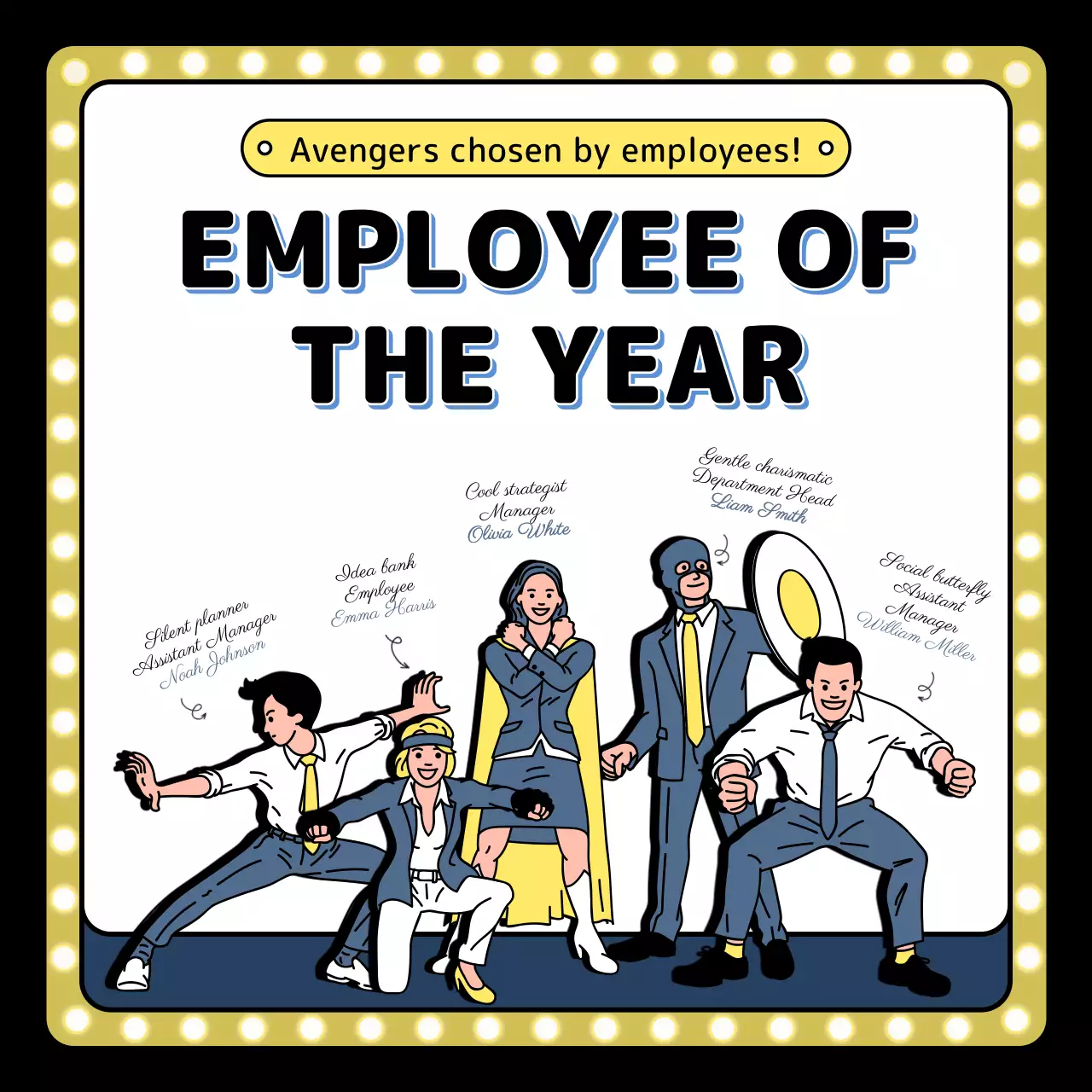 End of the year event illustration in yellow blue black