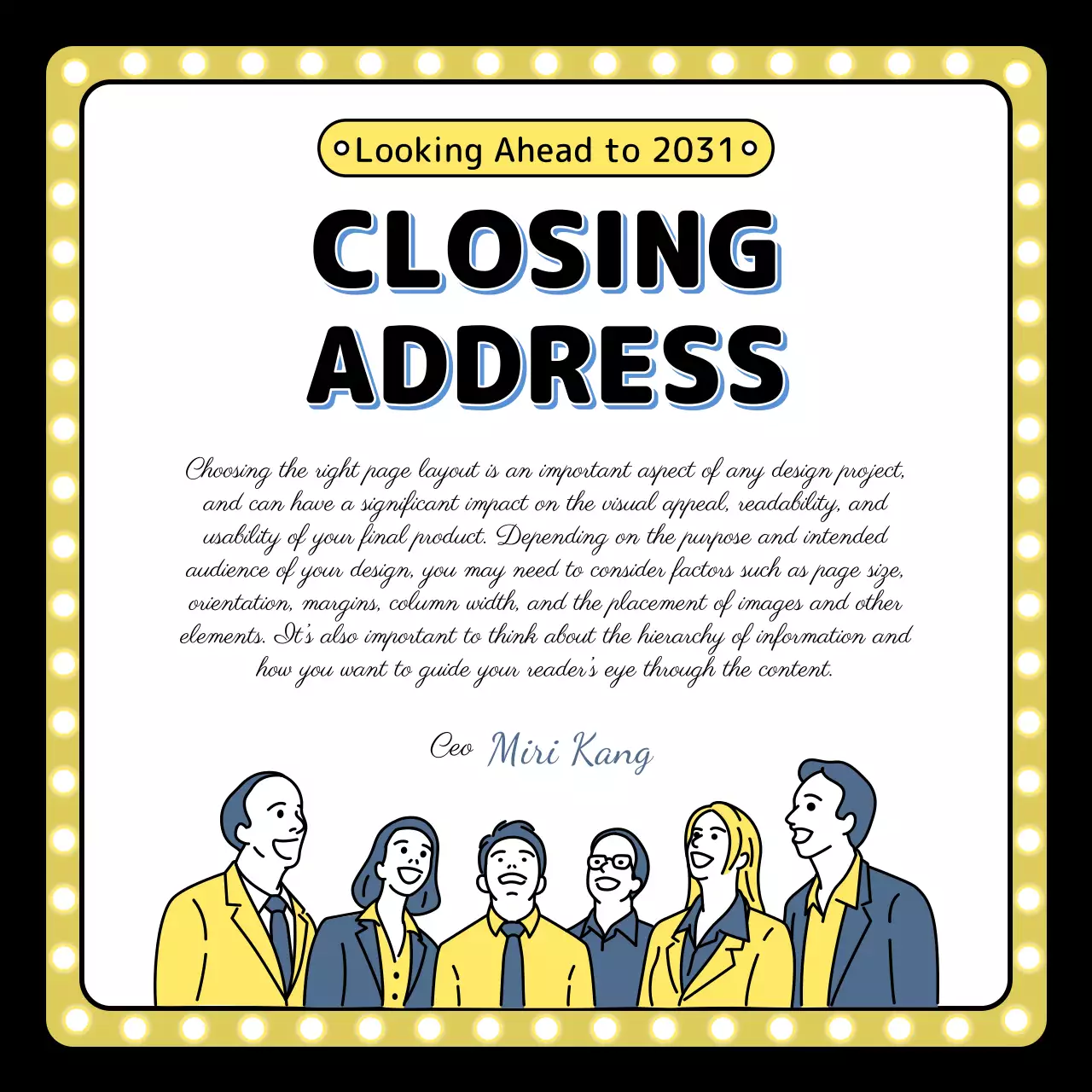 End of the year event illustration in yellow blue black