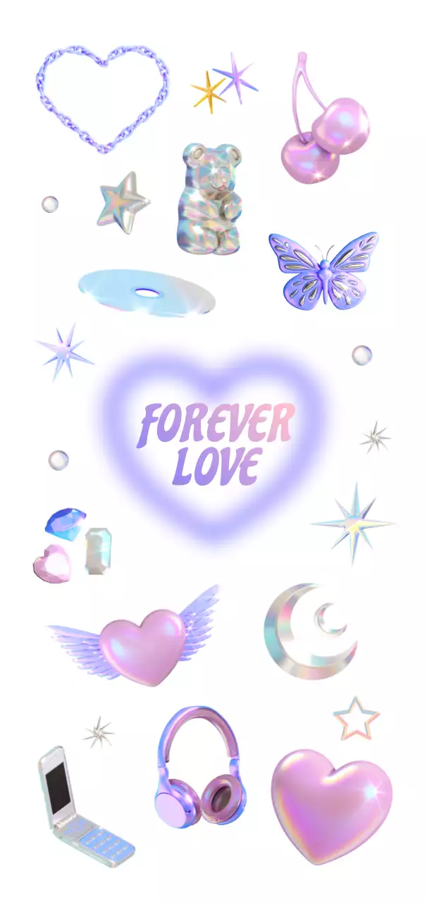 분홍색과 보라색의 영롱한 3D Y2K컨셉의 아기자기한 요소