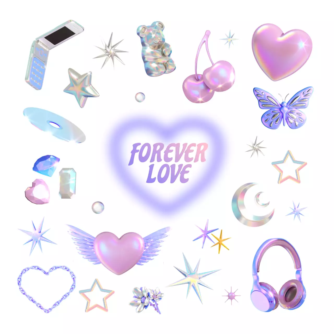 분홍색과 보라색의 영롱한 3D Y2K컨셉의 아기자기한 요소