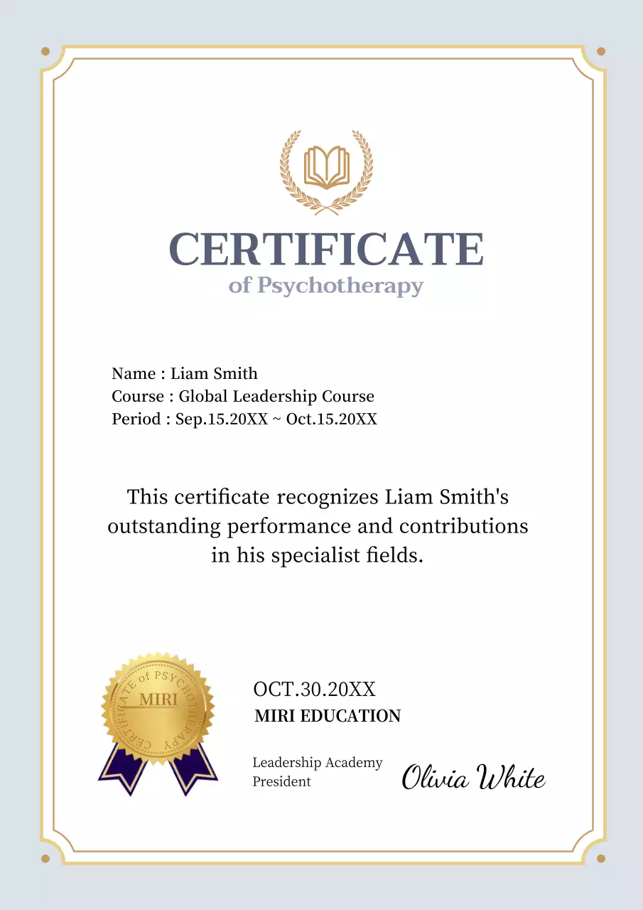 Gray and gold psychotherapy certificate