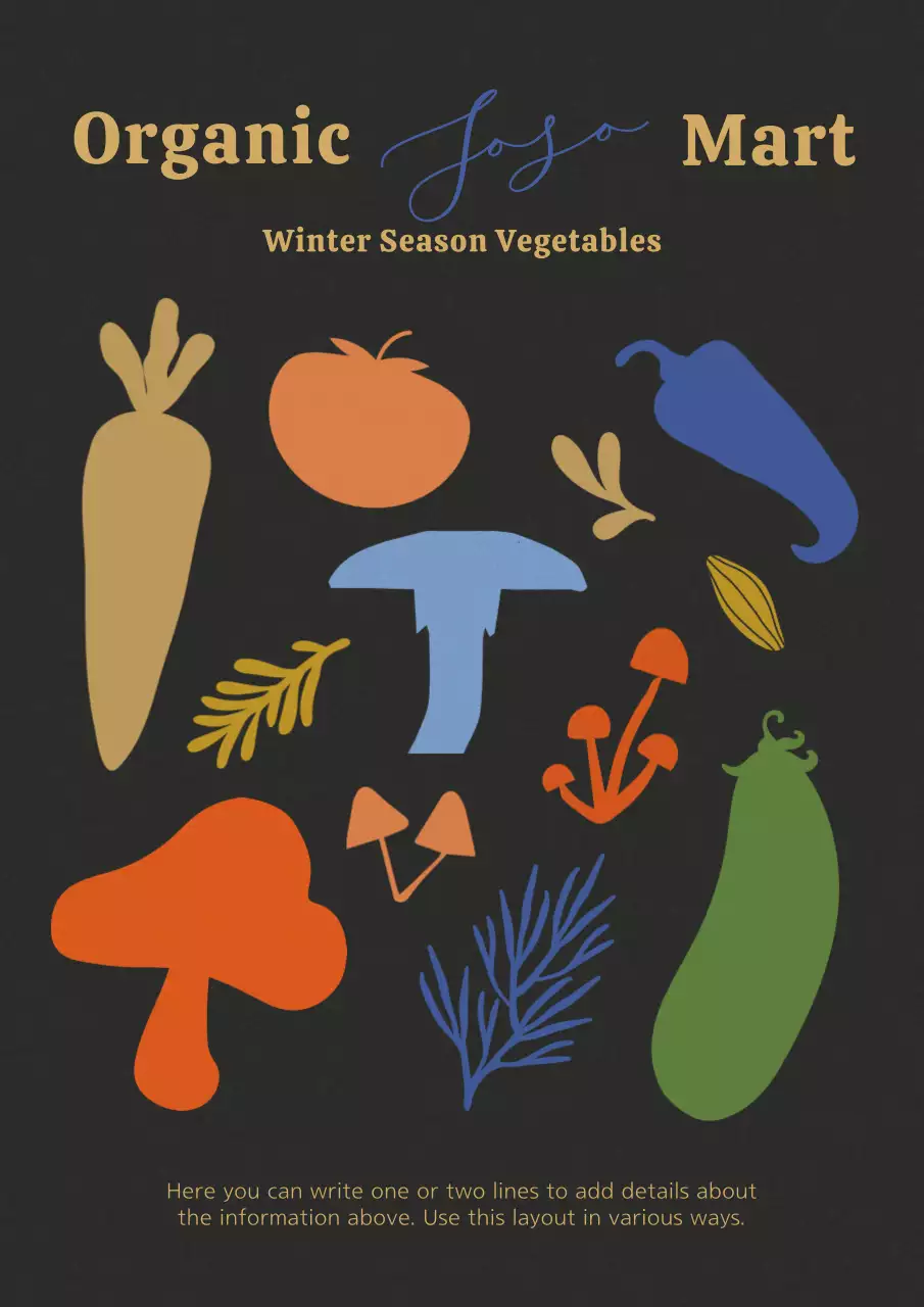 A colorful organic grocery store poster with orange-blue-green tones.