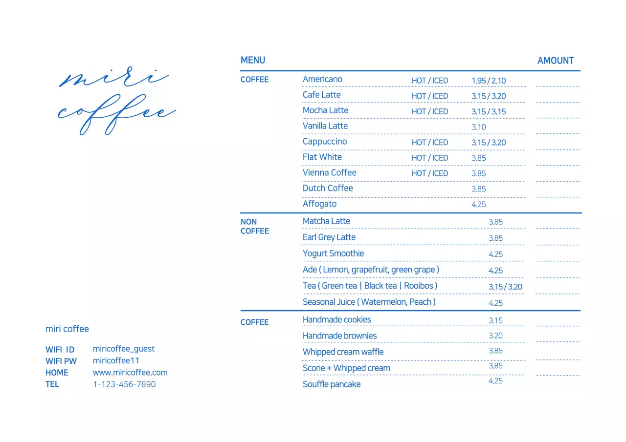 Blue Minimal Coffee Menu Poster