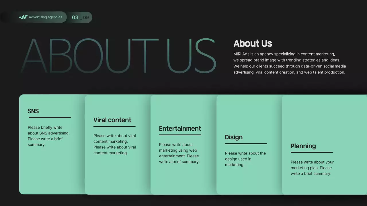 초록과 검정의 모던한 스토리텔링형 회사 소개서