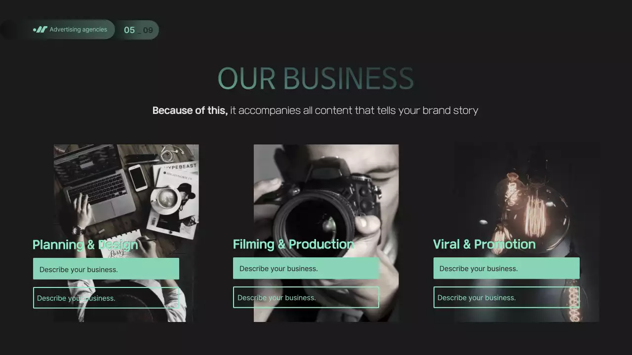 초록과 검정의 모던한 스토리텔링형 회사 소개서