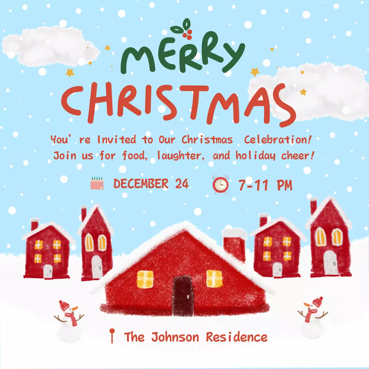 Blue Winter Village Christmas Invitation in Playful Nostalgic