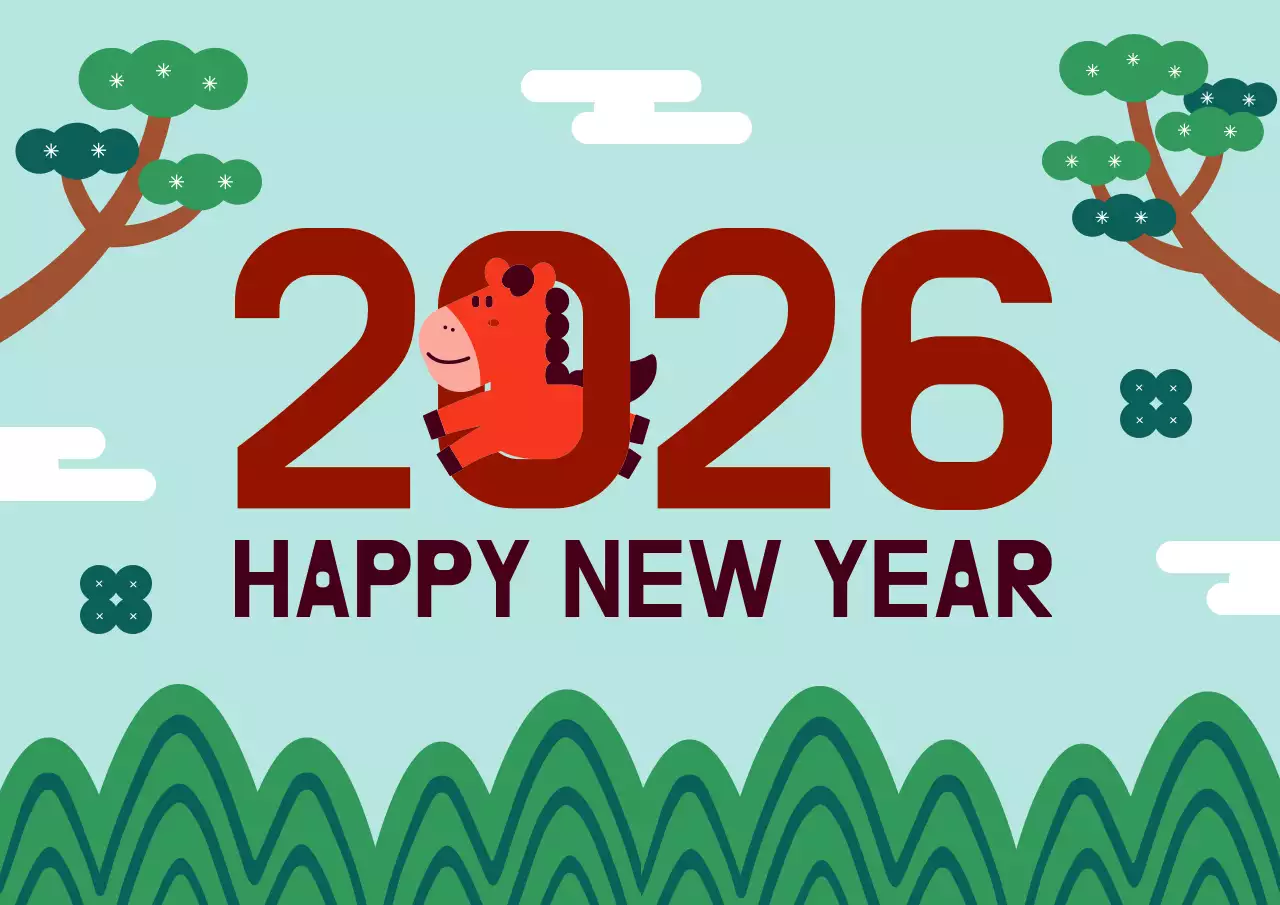 하늘색 배경 말 캐릭터 2026년 happy new year
