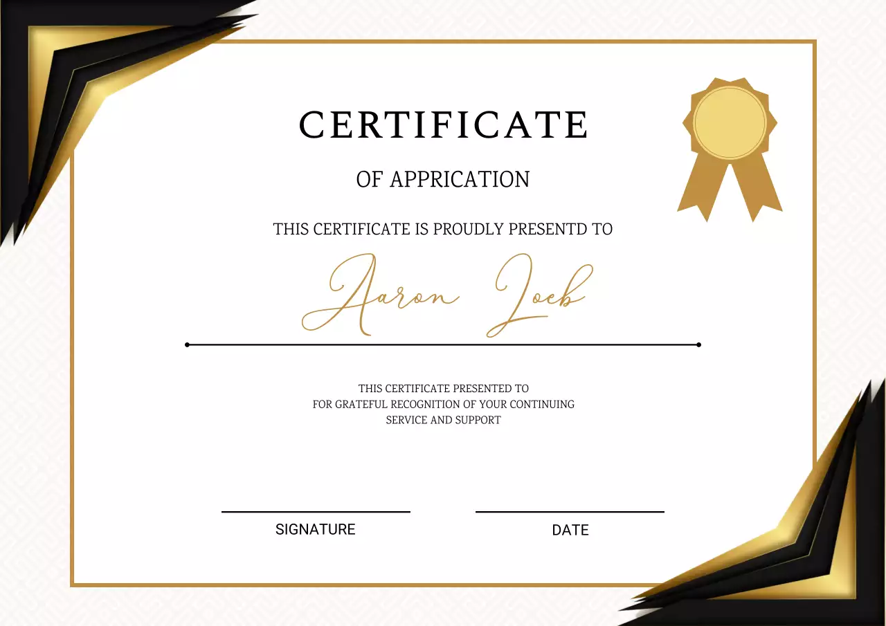 Black and gold elegant appreciation certificate