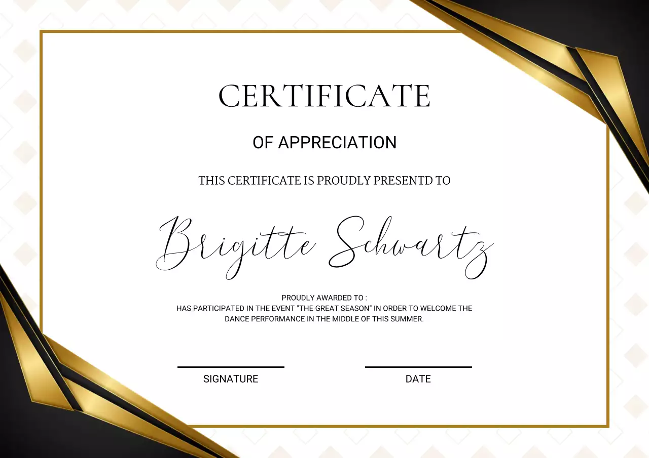 Black and gold elegant appreciation certificate