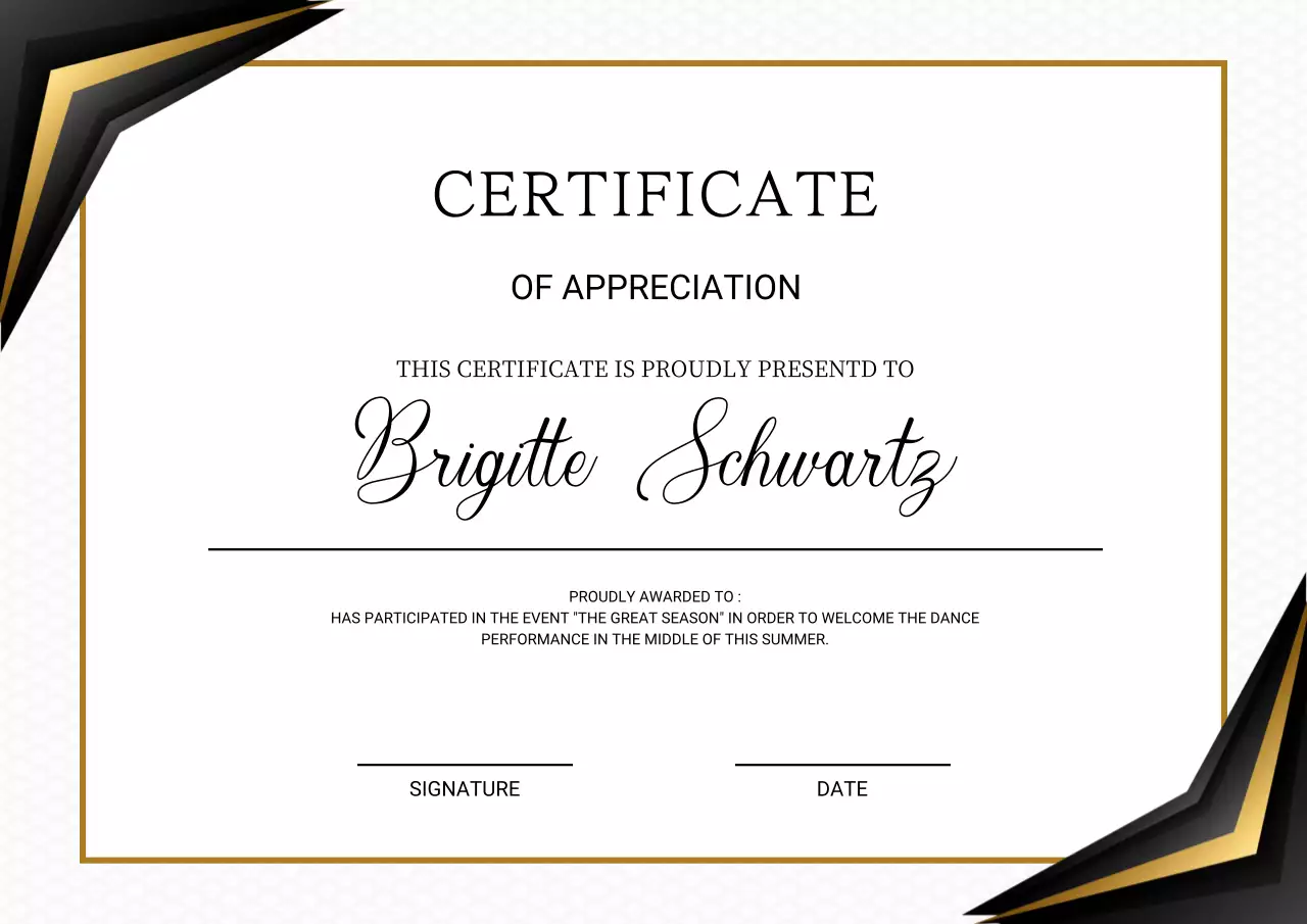 White and gold classic appreciation certificate