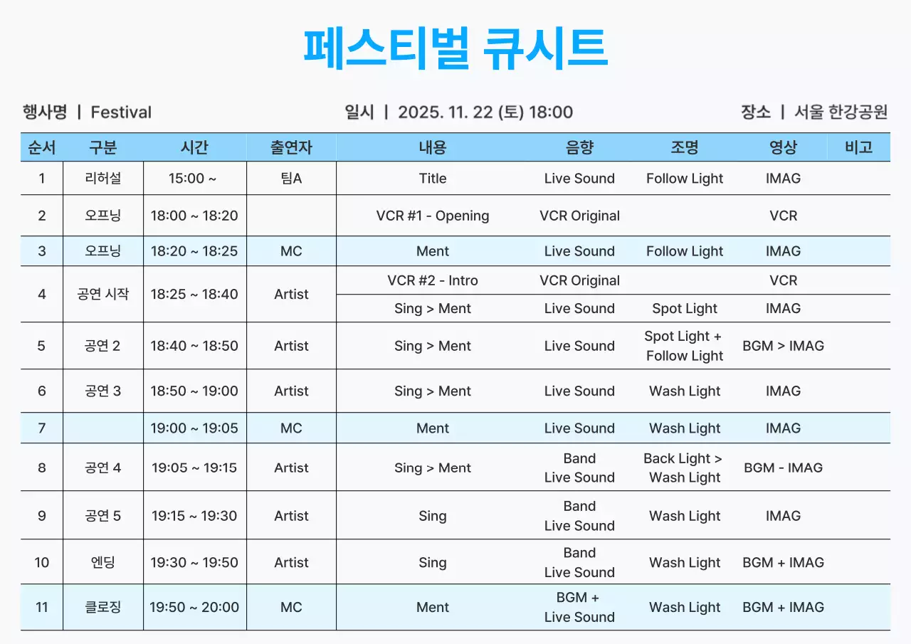 하늘색의 심플한 페스티벌 큐시트