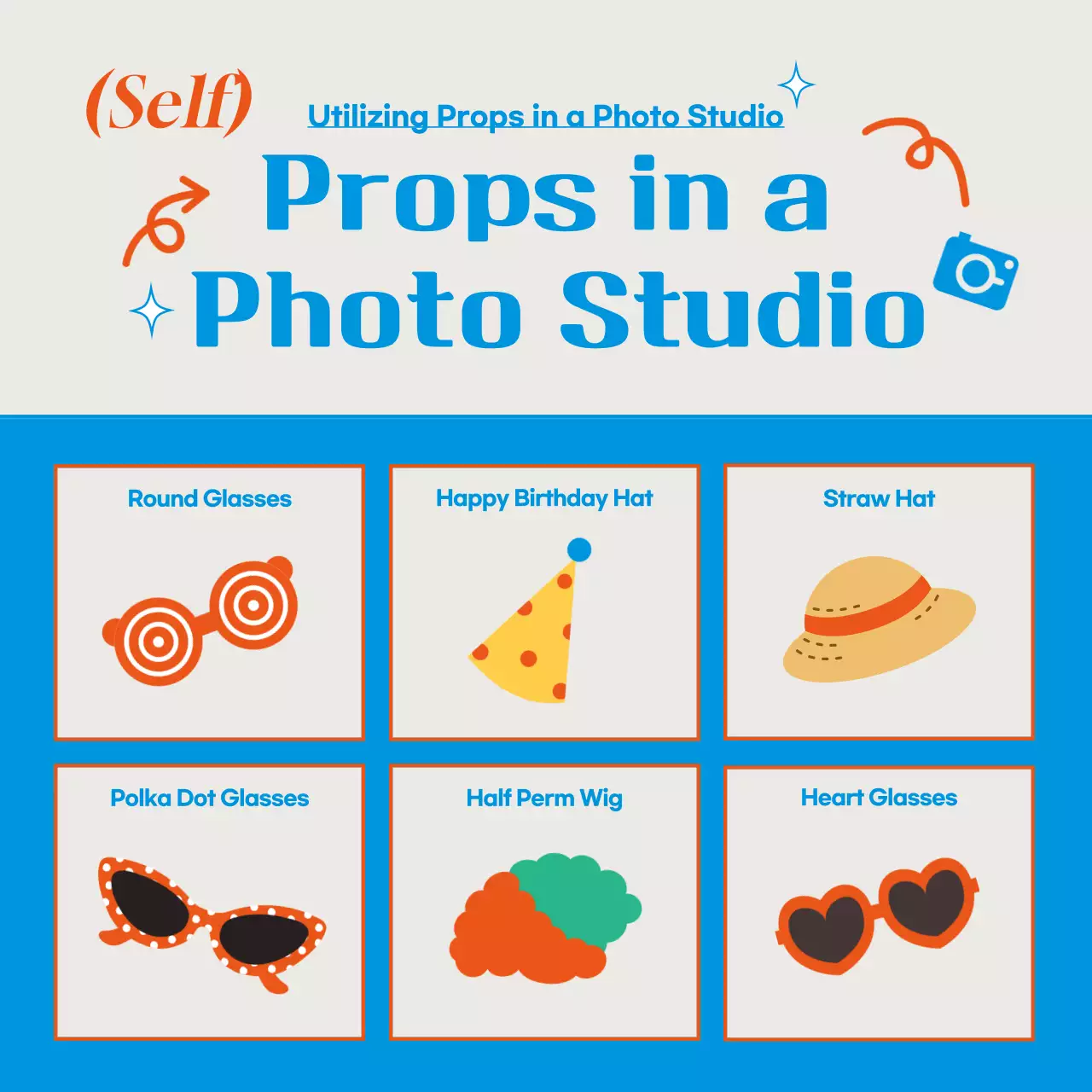 Cool, vivid blue-red color scheme with photo studio props