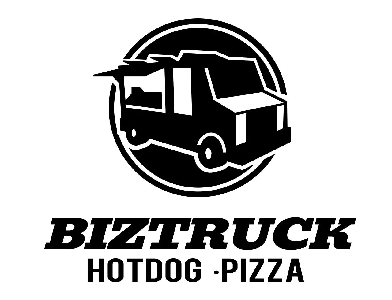 검정색의 단순한 트럭 일러스트 로고가 있는 푸드트럭 컨셉