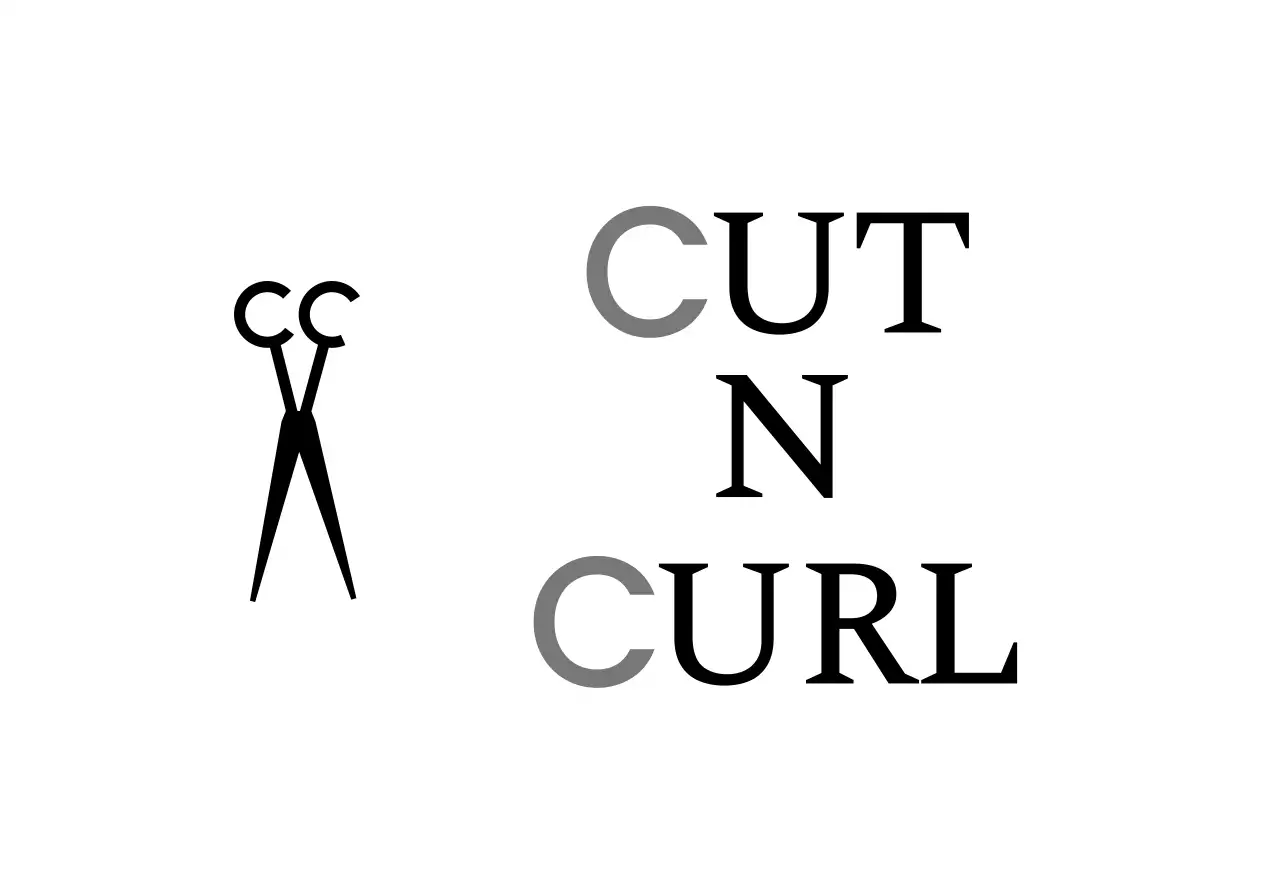 흰색과 검정색의 컷앤컬 헤어샵 텍스트와 가위 일러스트로 이루어진 클래식한 느낌의 매장 간판