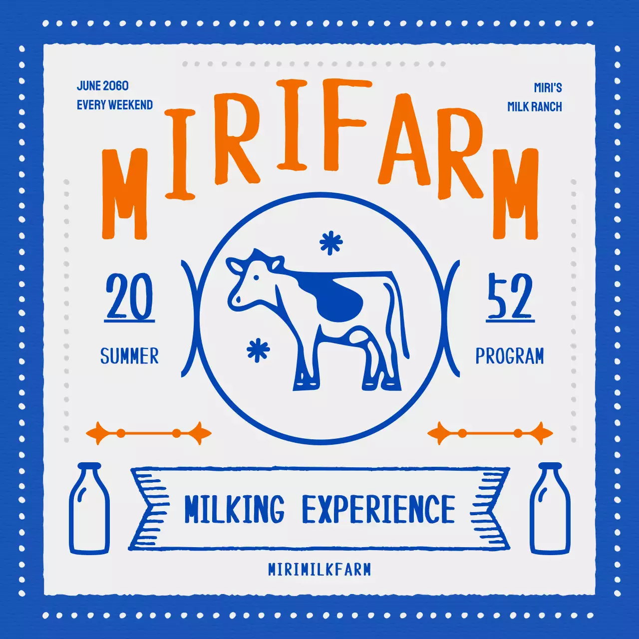 파란색과 주황색의 빈티지 컨셉 우유 짜기 체험