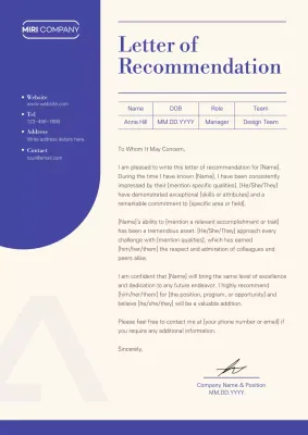 Blue Professional Recommendation Letter