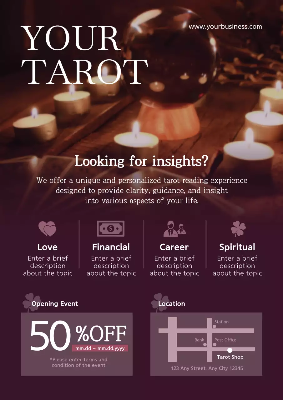 Promote your tarot shop with mystical purple photos