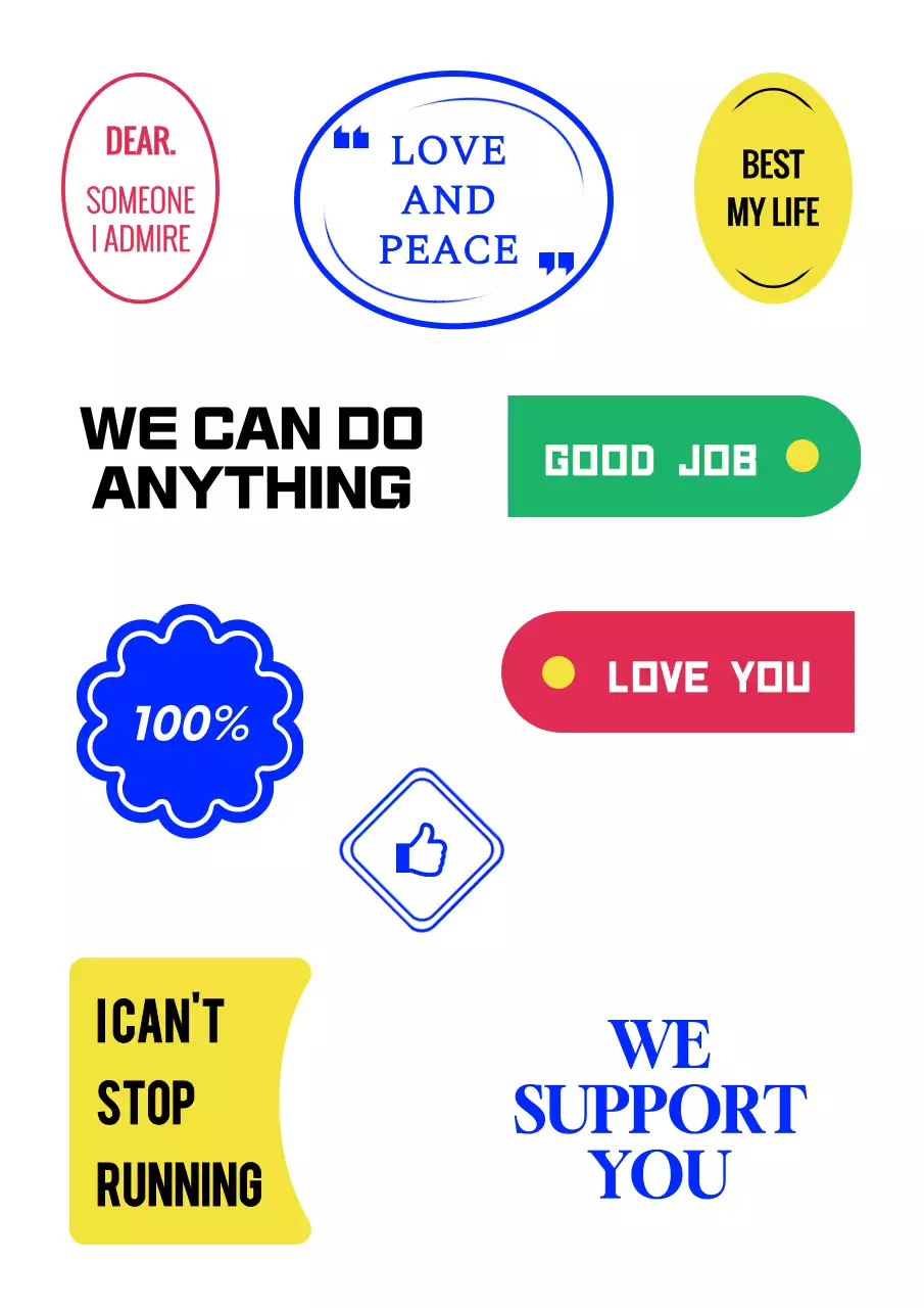 컬러풀한 색감의 영문 텍스트와 일러스트 도형으로 이루어진 심플한 느낌의 스티커 디자인