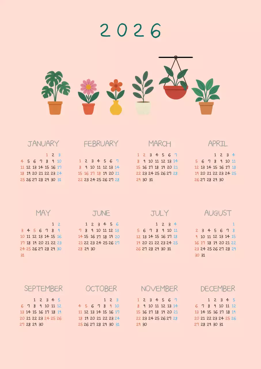 핑크 아기자기한 감성 식물 자연 2026 달력 디자인