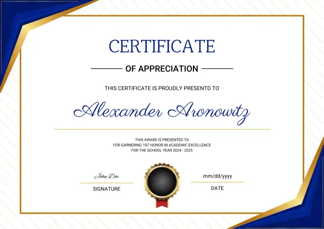 Blue and gold modern academic certificate