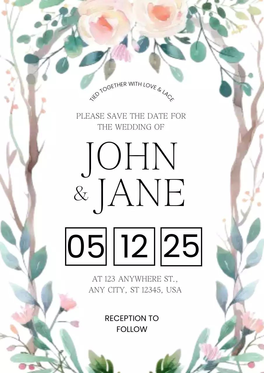 Green and Blush Floral Wedding Invitation in Elegant