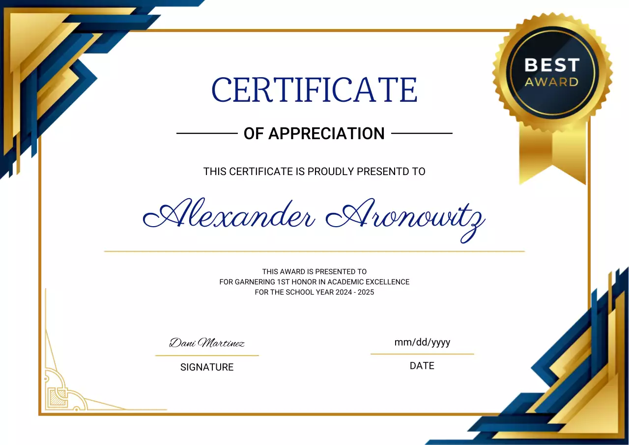 Certificado de agradecimento elegante em azul e dourado