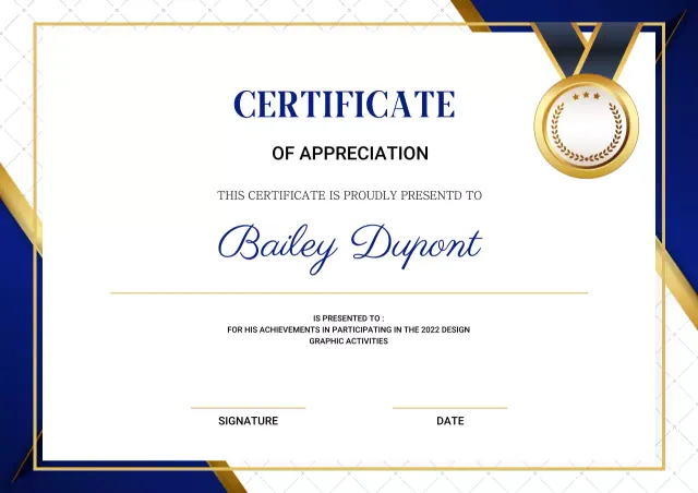 Blue and gold elegant appreciation certificate