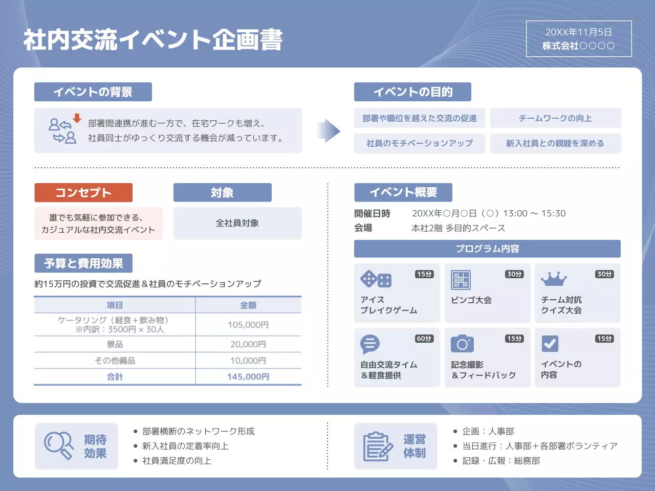 青 シンプル イベント 企画書 プレゼンテーション