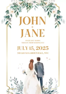 Gold and Green Elegant Wedding Invitation with Watercolor