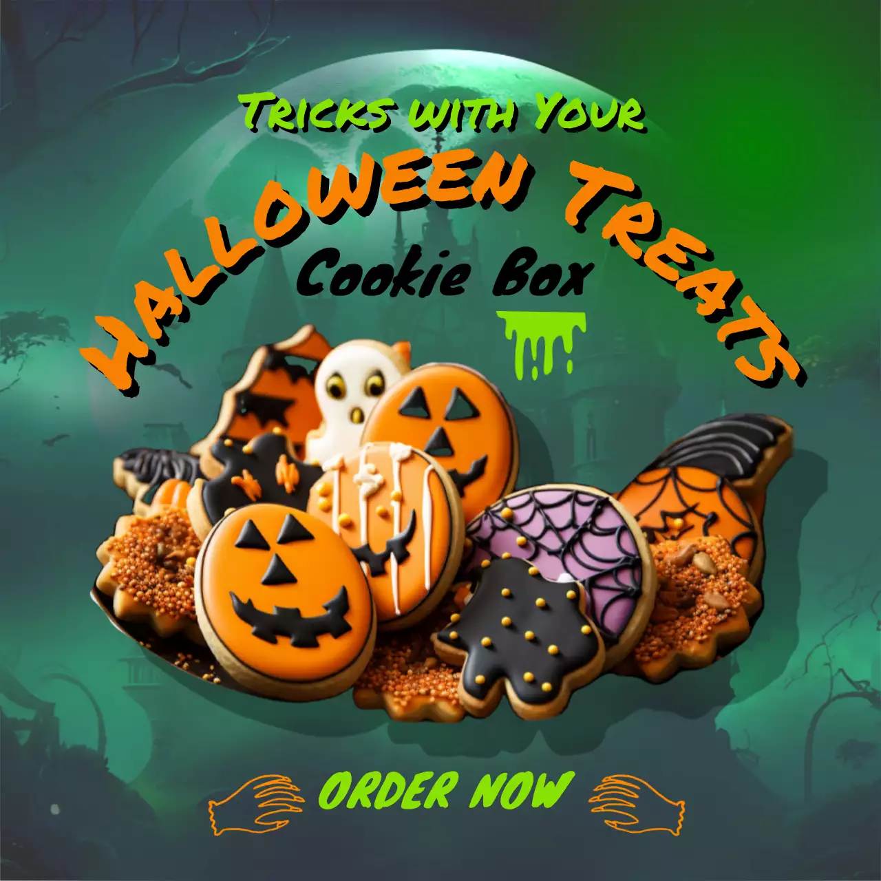 SF Halloween cookie ad in green and orange