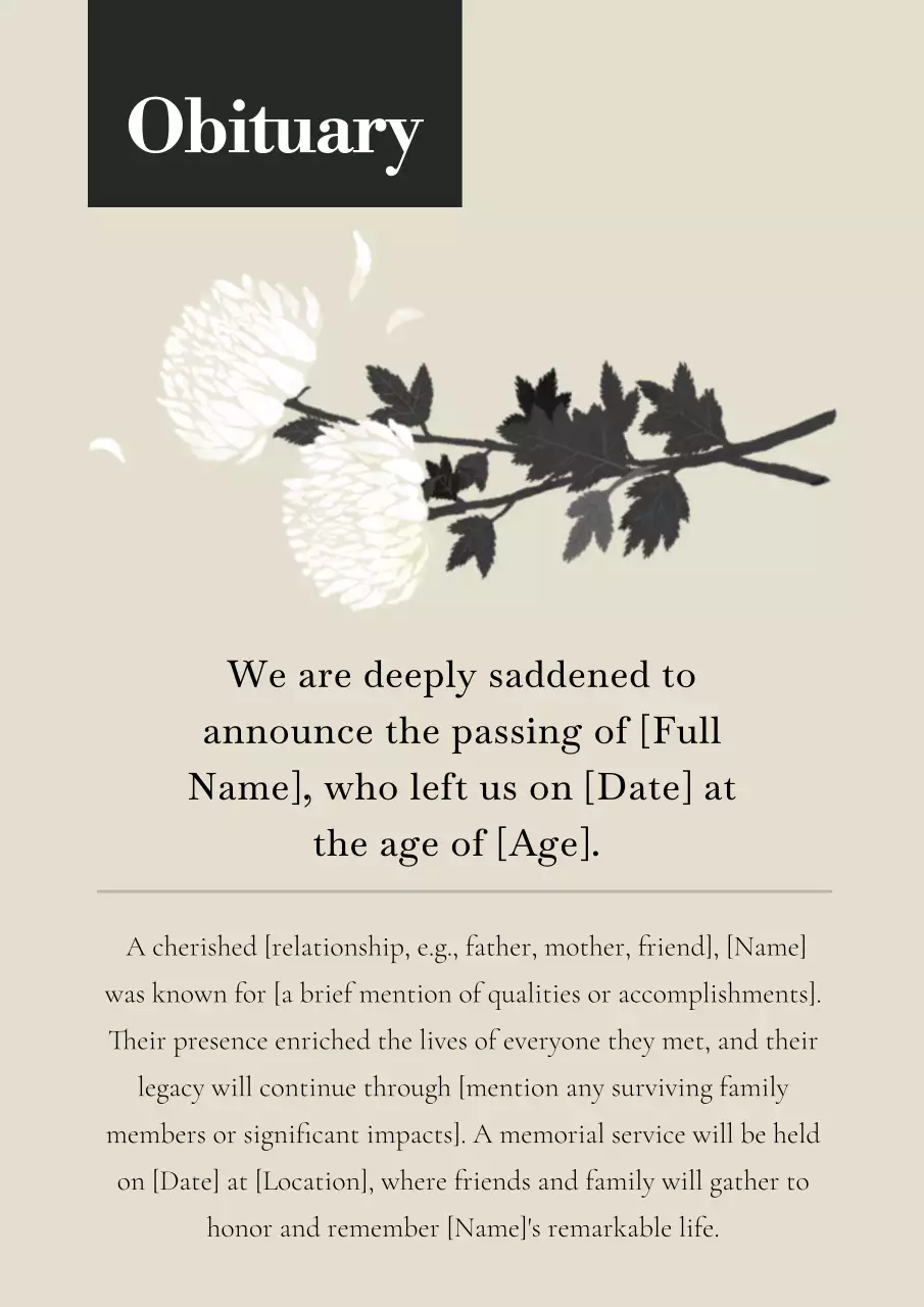Beige Elegant Obituary Announcement