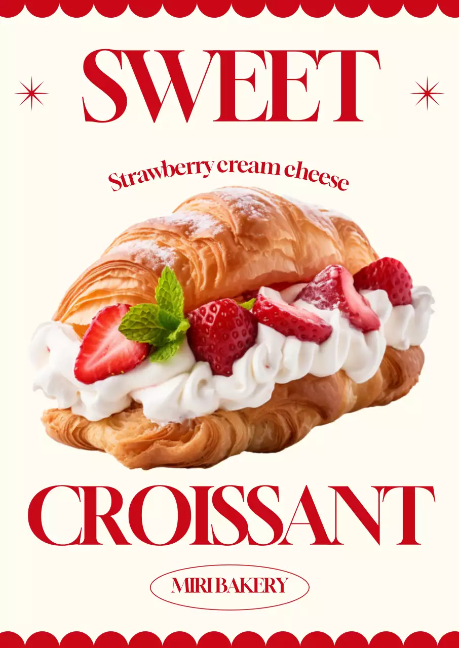 クロワッサンパンの実写画像と大胆な英文テキストと図形グラフィックを活用したカフェベーカリーメニュー。
