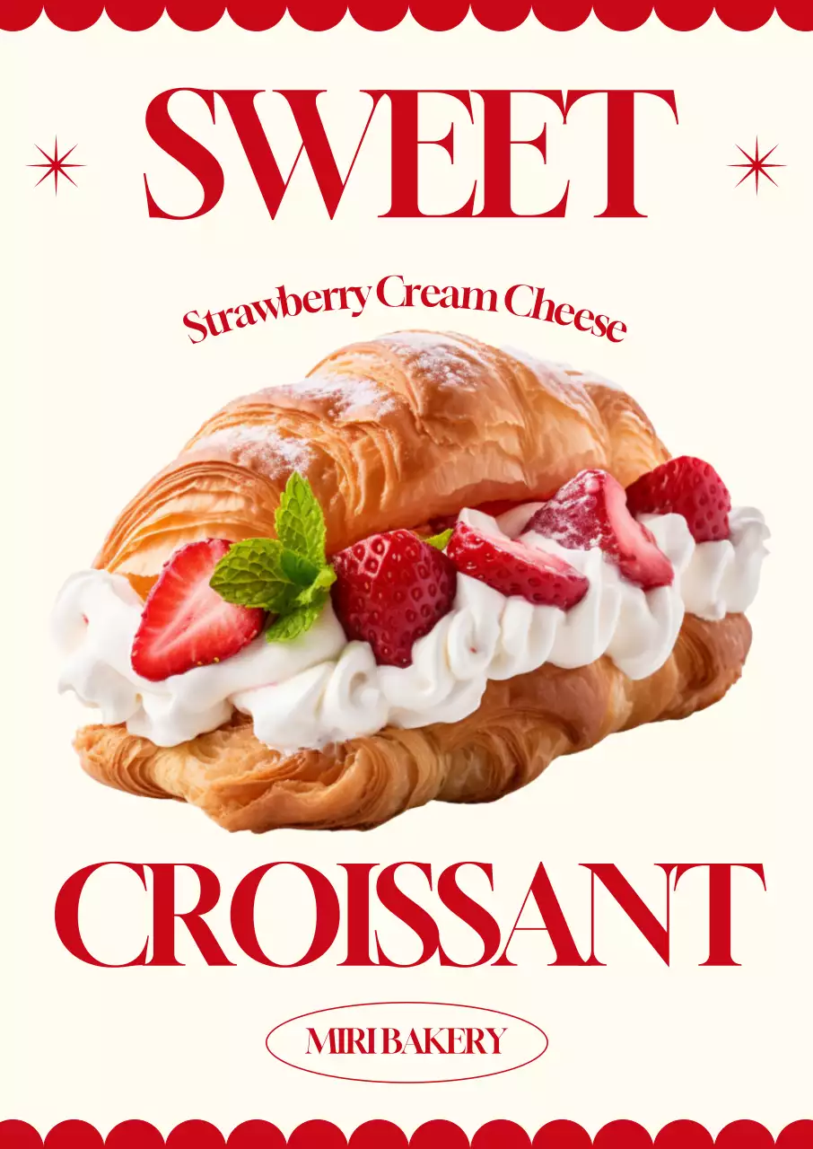 A café bakery menu with photorealistic images of croissant buns and bold English text and geometric graphics.