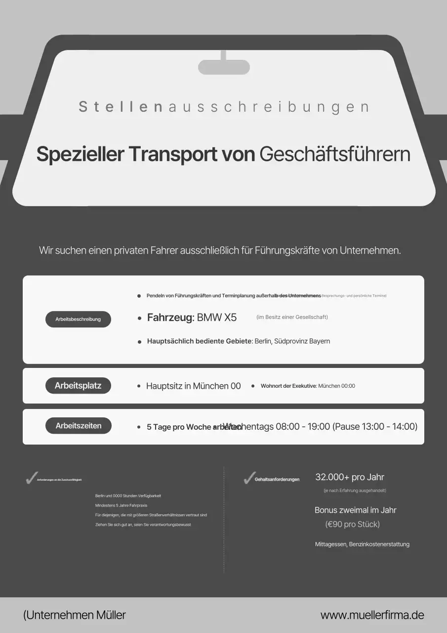 Stellenausschreibung für einen ordentlichen und sauberen grauen Performance-Artikel