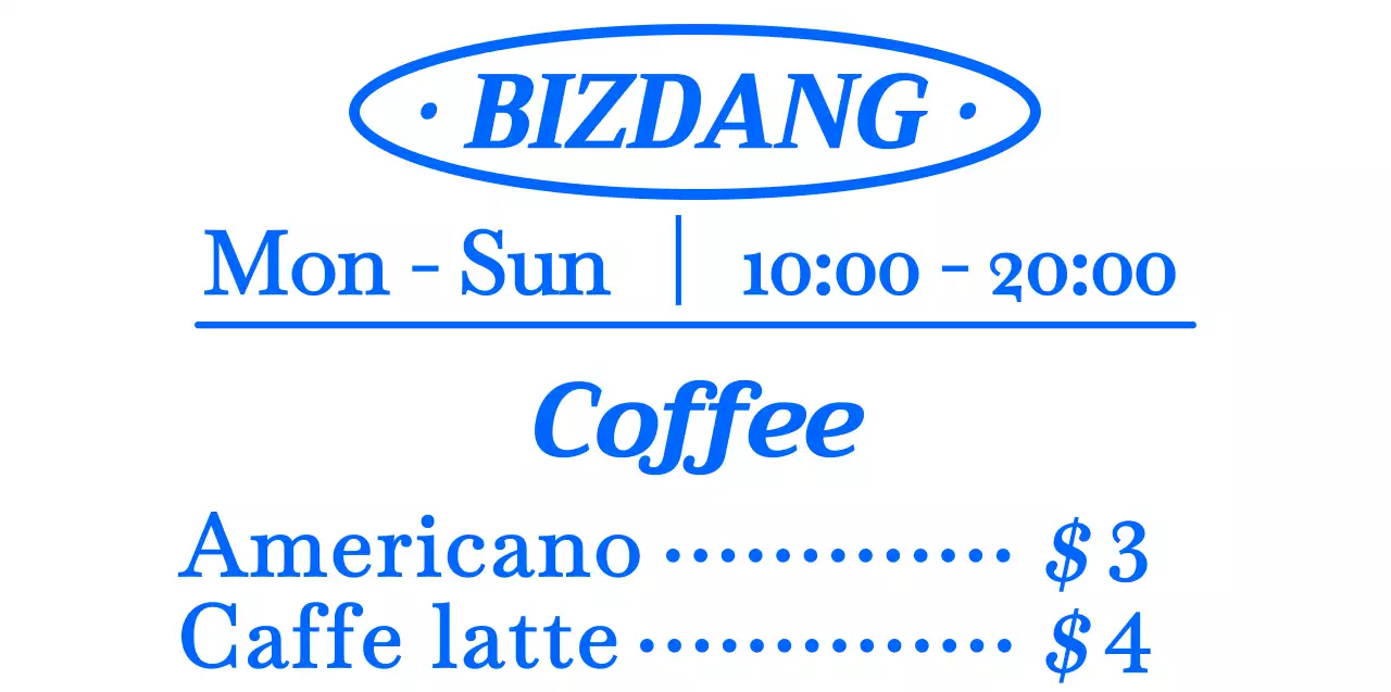 파란색과 하얀색의 심플하고 깔끔한 텍스트 정렬 레이아웃 스타일 카페 메뉴판 안내 및 홍보용 