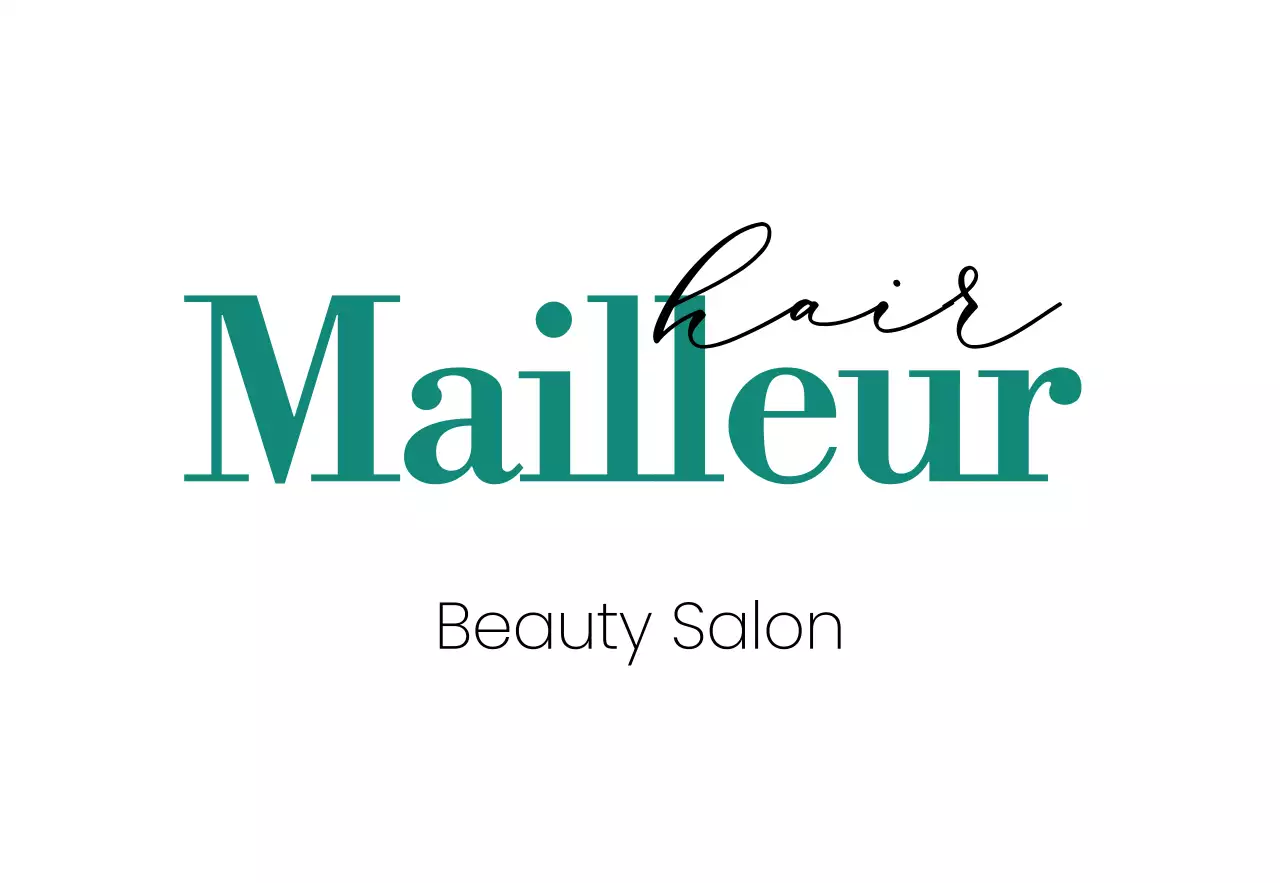 흰색 검정 청록색의 메이에르 헤어샵 텍스트로 이루어진 세련된 느낌의 매장 간판