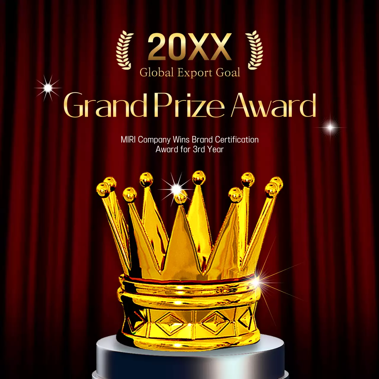 빨간색 커텐 배경에 노란색 왕관이 중앙에 배치된 기업 수상 소식 홍보문